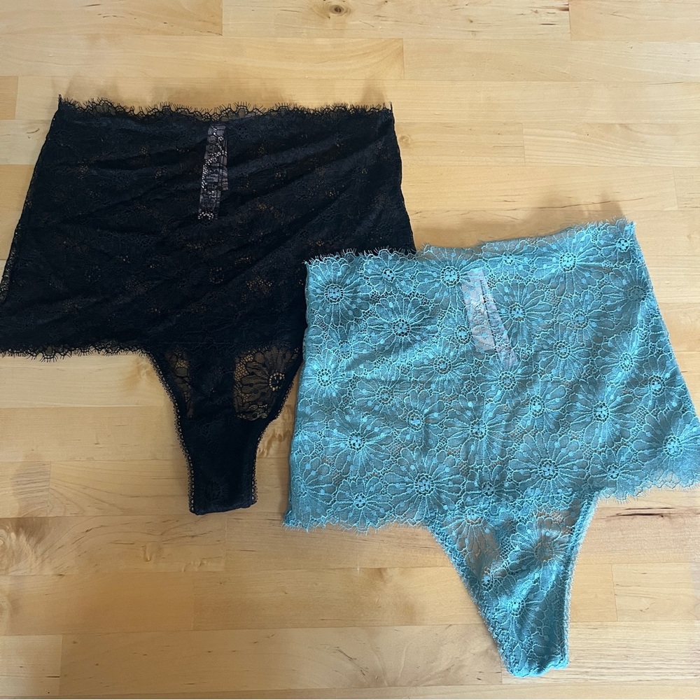 Victoria's Secret High Rise Thong BUNDLE Floral Lace High Waist Small Black Blue
